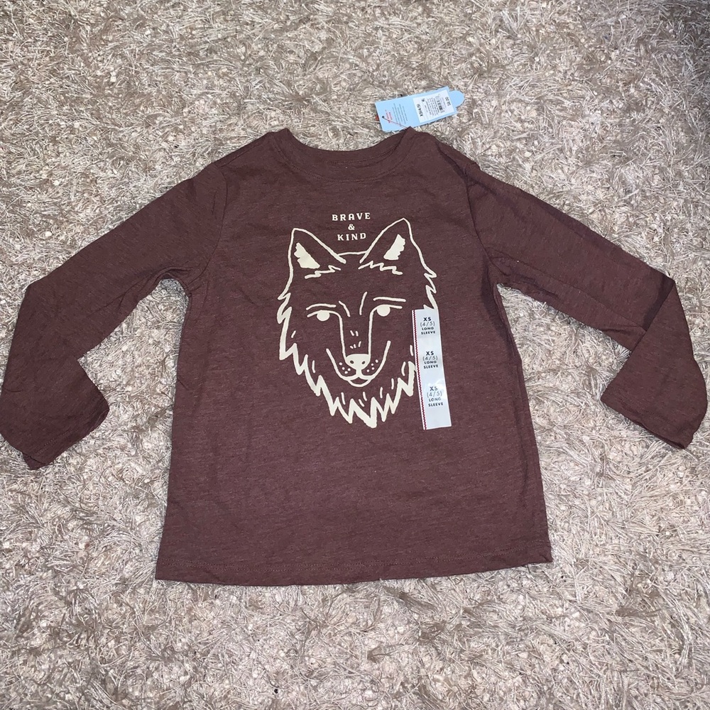 Brown “Brave & Kind” Wolf Graphic Kids Shirt - size XS (4/5) - NWT